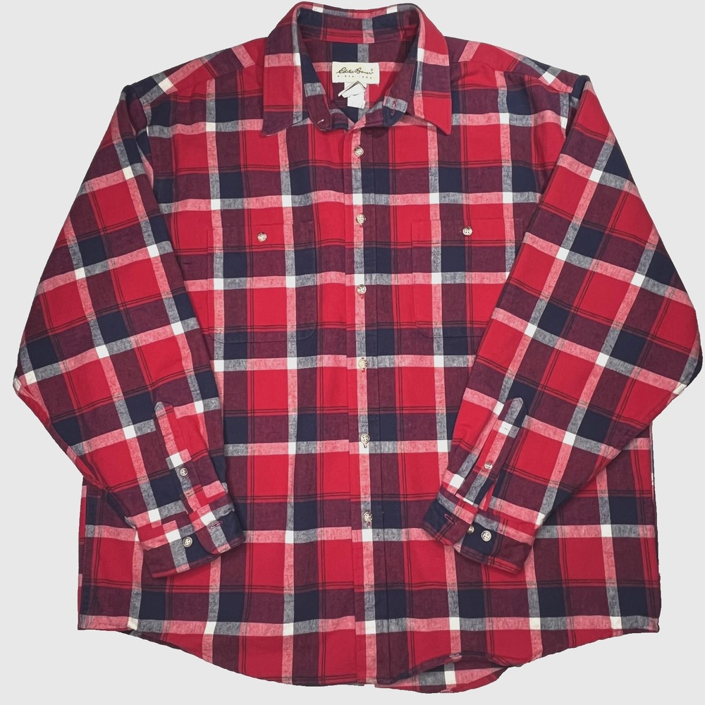 Vtg Eddie Bauer Shirt Mens XL Red Navy Plaid Heavy Flannel Button Down Shacket